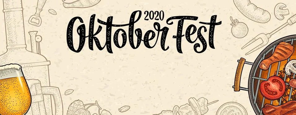 Horizontal poster to oktoberfest 2020 festival. Vintage color vector engravin Stock Illustration