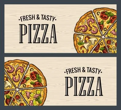 Horizontal poster slice pizza Pepperoni, Hawaiian, Margherita, Mexican, Sea.. Stock Illustration