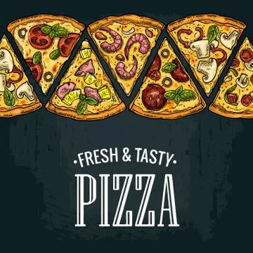 Horizontal poster slice pizza Pepperoni, Hawaiian, Margherita, Mexican, Sea.. イラスト素材