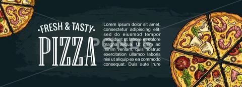 Horizontal poster slice pizza Pepperoni, Hawaiian, Margherita, Mexican, Sea.. Stock Illustration