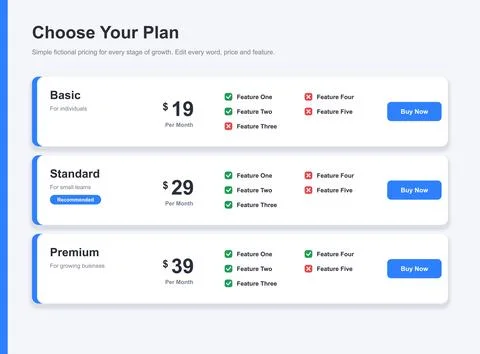 Horizontal Pricing Comparison Table With Feature Lists and Blue Buttons Stock Illustration