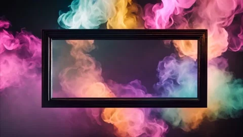 Horizontal rectangular frame on a dark background and moving colored smoke. 動画素材 273954745