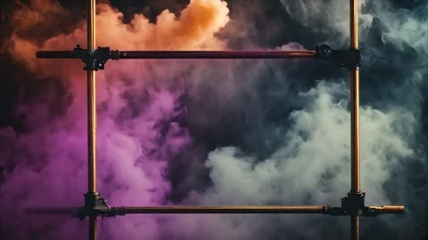 Horizontal rectangular frame of scaffolding tubes with moving colored smoke.. Stock Footage 273954711