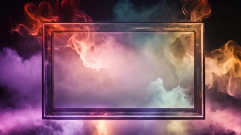 Horizontal rectangular glass transparent frame around colorful smoke, dark .. Stock Footage 273954639