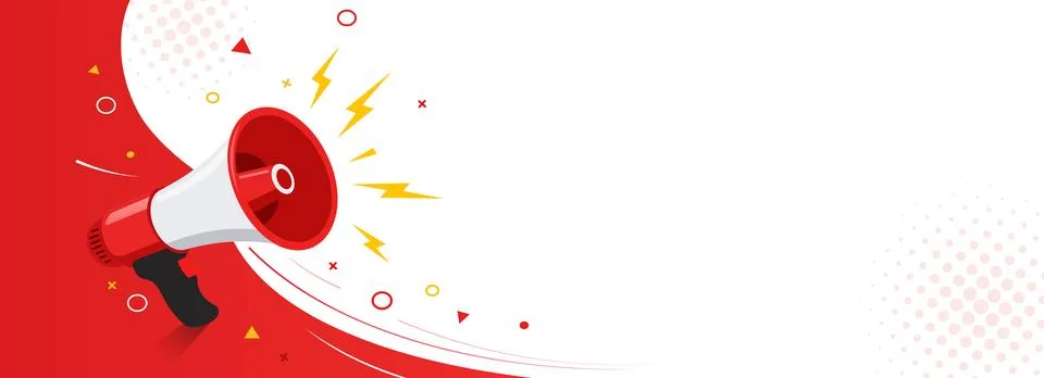 Horizontal red and white vector banner featuring a megaphone loudspeaker, sou Stock Illustration