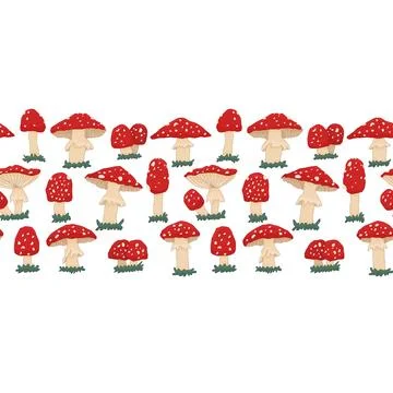 Horizontal repeatable border of Red cute amanita mushrooms with grass. Vector Stock Illustration