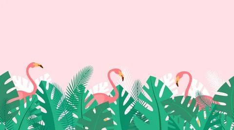 Horizontal repeated pattern with tropical plants and pink flamingos. Summer Stock-Illustration