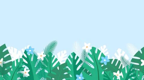 Horizontal repeated pattern with tropical plants and blue and white flowers Stock Illustration