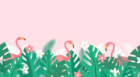 Horizontal repeated pattern with tropical plants, flowers and pink flamingos 스톡 일러스트