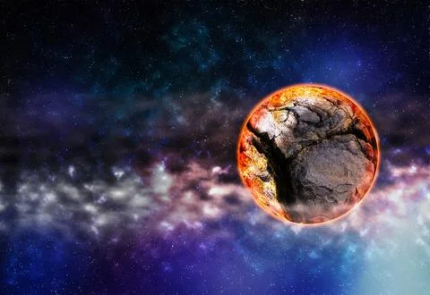 Horizontal right aligned cracked planet in deep space background Stock Illustration