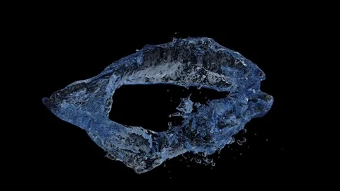 Horizontal ring of blue water transforms into drop - on black, + alpha (FULL HD) Video stock 79747724