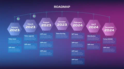 Horizontal roadmap with hanging stages on hexagons and copy space on purple Stock Illustration