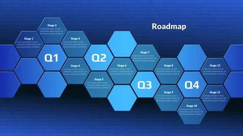 Horizontal roadmap with honeycombs on digital blue background. Timeline Stock Illustration