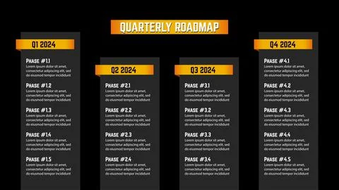 Horizontal roadmap milestones on black background. Timeline infographic Illustrazione stock