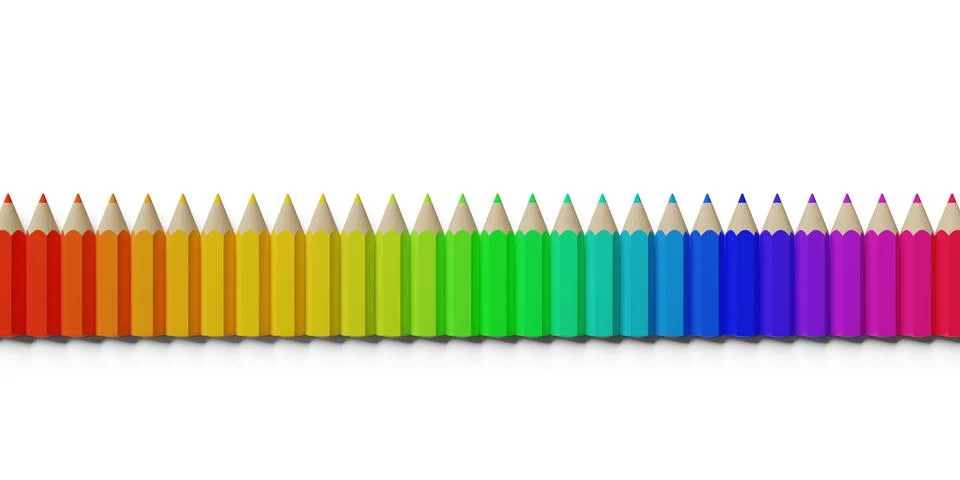 Horizontal row of rainbow or spectrum palette colored short thick pencils o.. Stock Illustration