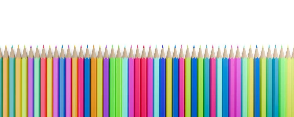 Horizontal row of randomly colored pencils on white background with copy sp.. Stock Illustration