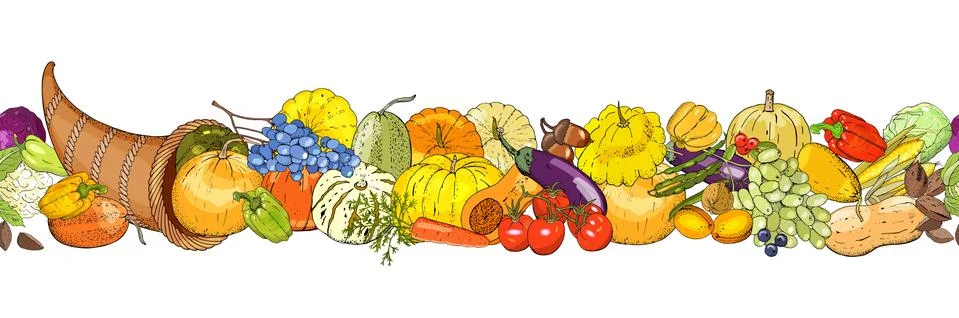 Horizontal seamless background with cornucopia, colorful pumpkins, vegetables Stock Illustration