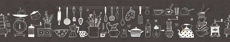 Horizontal seamless background with doodle kitchen utensils in vintage style on Stock Illustration