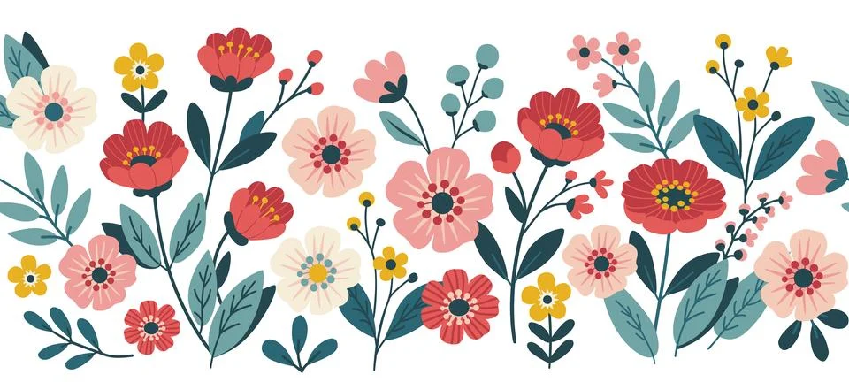 Horizontal seamless border with bright spring flowers 库存插图