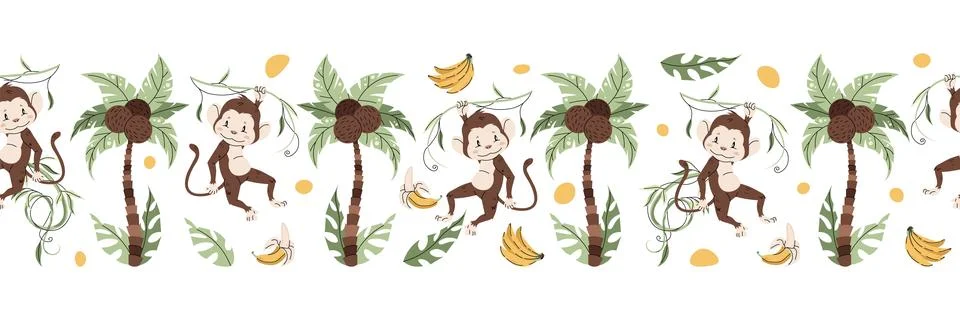 Horizontal seamless border with cute monkey, palm tree, bananas. Vector repea Stock Illustration