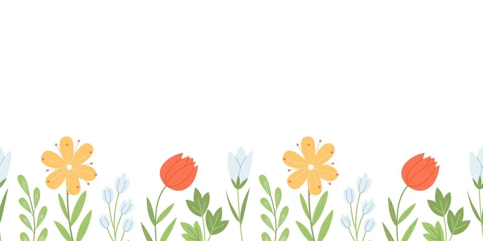 Horizontal seamless border with cute spring wildflowers. Botanical background in Stock Illustration