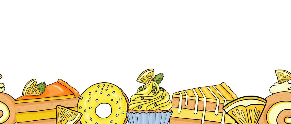 Horizontal Seamless Border Pattern with Lemon Cake, Donut, Roll and Cupcake. Stock Illustration