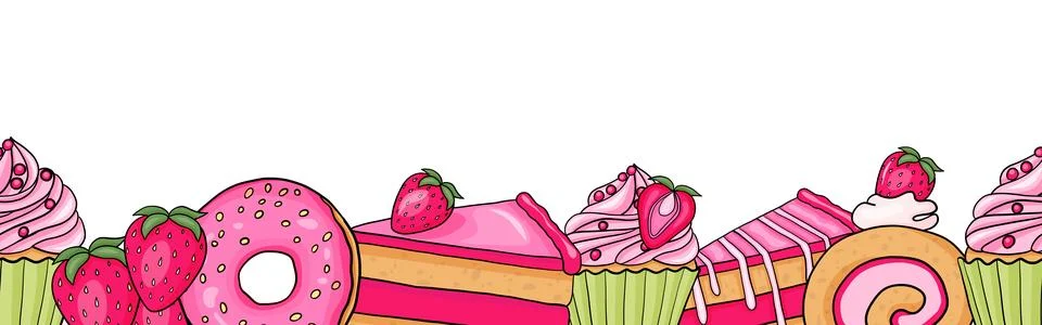 Horizontal Seamless Border Pattern with strawberry sweets. Stock Illustration