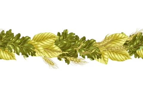 Horizontal seamless border  vector pattern with leaves and rye Illustrazione stock