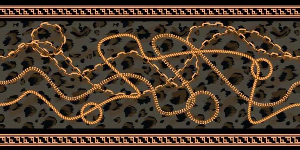 Horizontal Seamless Chain Pattern with leopard skin texture. Gold color design Stock Illustration