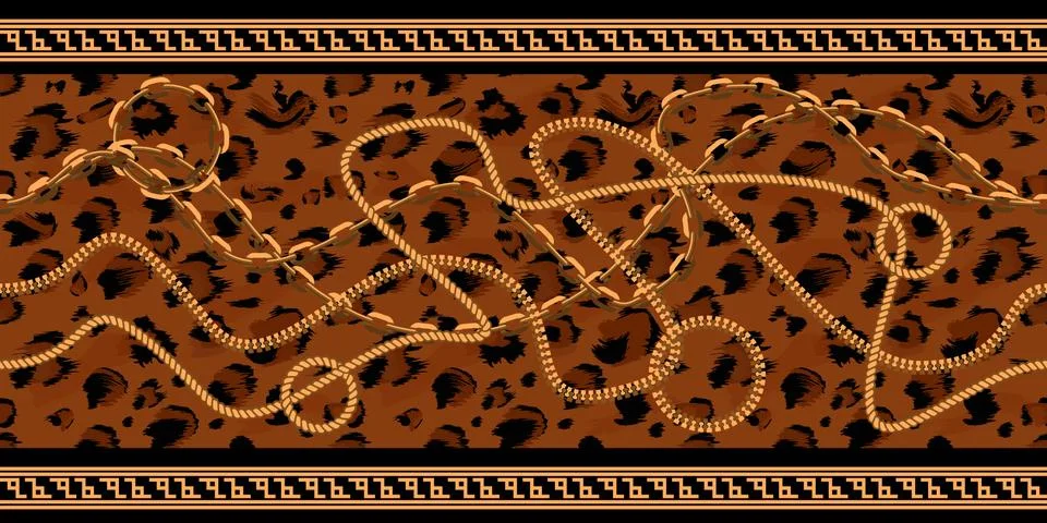 Horizontal Seamless Chain Pattern with leopard skin texture. Gold color design Illustrazione stock