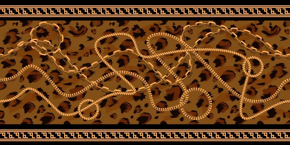 Horizontal Seamless Chain Pattern with leopard skin texture. Gold color design Stock Illustration