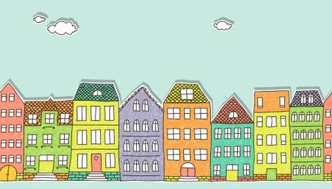 Horizontal seamless doodle houses pattern Stock Illustration