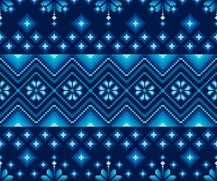 Horizontal Seamless Fair Isle Pixel Art Pattern with Chevron Band and Nordic Stock Illustration