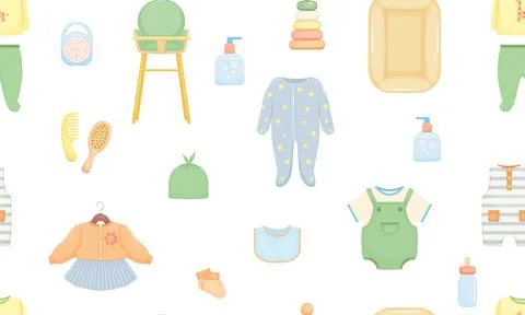 Horizontal seamless pattern with baby clothes and accessories. Cartoon vector Stock Illustration