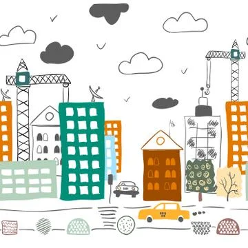 Horizontal seamless pattern with cartoon street. Vector illustration. Stock Illustration