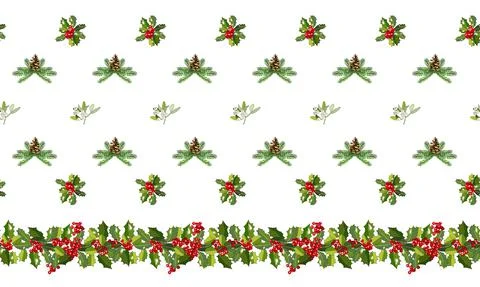 Horizontal seamless pattern with cone, fir branches, Holly, poinsettia Stock Illustration