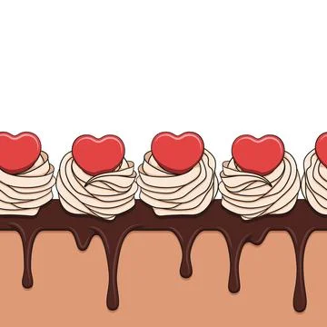 Horizontal seamless pattern with cream cake decorated with hearts Stock Illustration