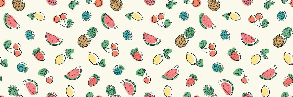 Horizontal seamless pattern with cute doodle fruits sketch. Hand drawn tren.. Stock Illustration