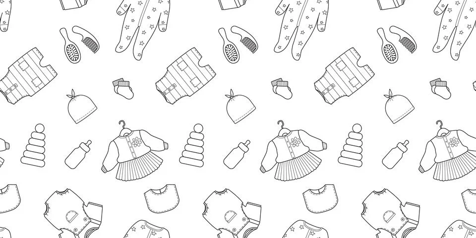 Horizontal seamless pattern with doodle outline of baby clothes and newborn Stockillustratie