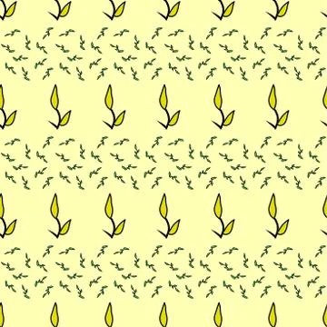 Horizontal seamless pattern of floral motifs, doodles, object, leaves, stripes Stock Illustration