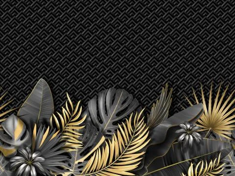 Horizontal seamless pattern with gold black grayscale colored tropical exotic Illustrazione stock