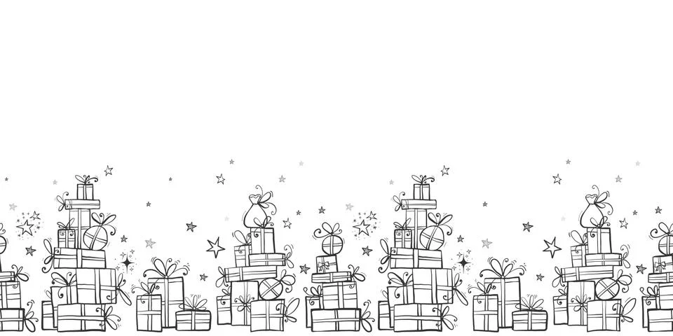 Horizontal seamless pattern with piles of gift boxes on white background. Can Illustrazione stock