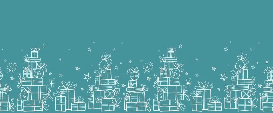 Horizontal seamless pattern with piles of gift boxes on turquoise background. Illustrazione stock