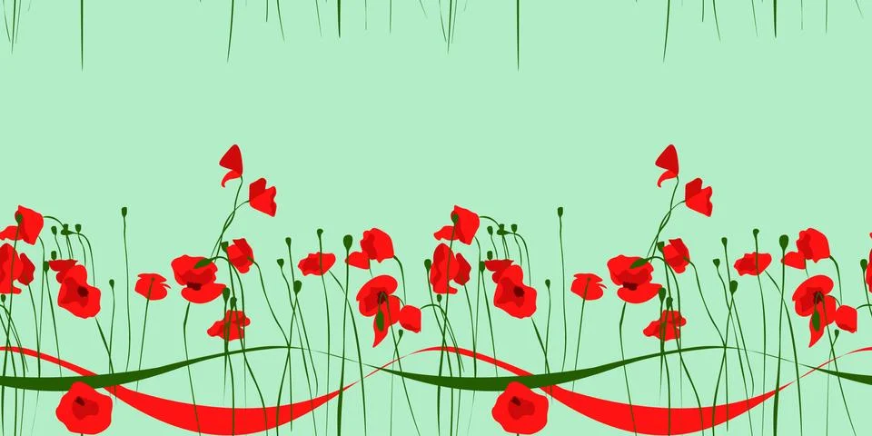 Horizontal seamless pattern with poppies and ribbons Stock Illustration