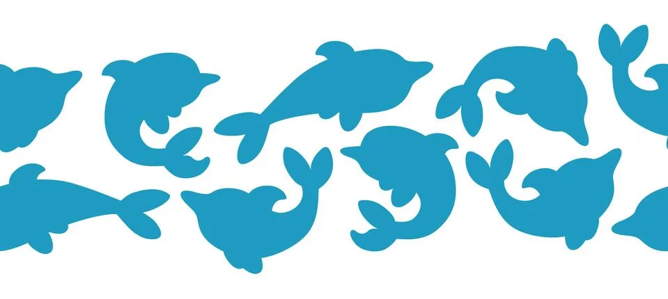 Horizontal seamless pattern with silhouettes of dolphins. Design with blue Stock Illustration