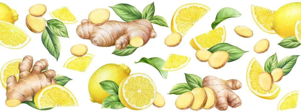 Horizontal seamless pattern with watercolor ginger roots and lemons Stock Illustration