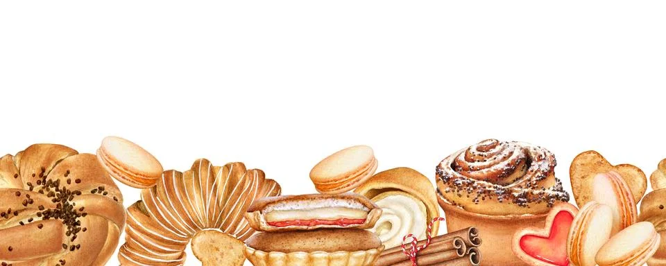 Horizontal seamless pattern with watercolor hand drawn pastry and sweets Stock Illustration