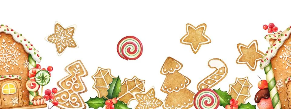 Horizontal seamless pattern with watetcolor gingerbread coockies Stock Illustration