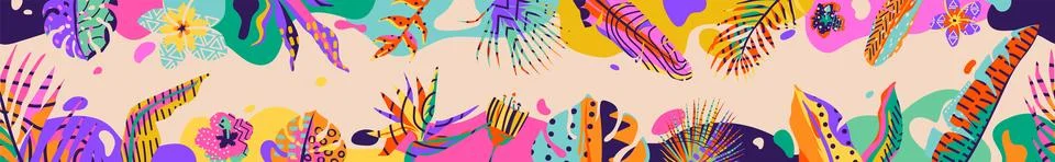 Horizontal seamless tropic banner vector background. Summer panorama frame with Stock Illustration
