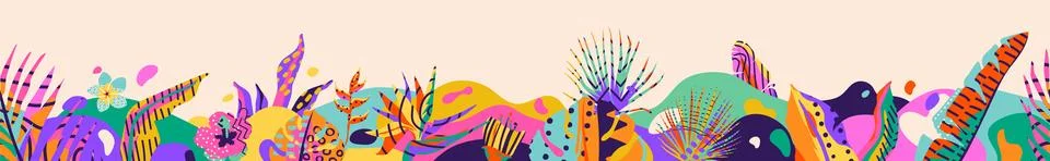 Horizontal seamless tropic banner vector background. Summer panorama frame with Stock Illustration